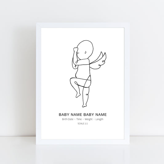 Black Newborn with Wings Line Drawing Memorial Birth Print Poster
