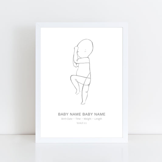 Grey Cut Out Newborn Line Drawing Birth Print Poster