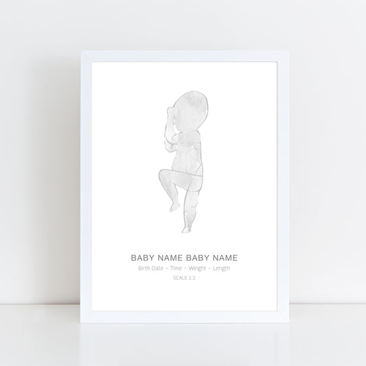 Grey Watercolour Newborn Line Drawing Birth Print Poster