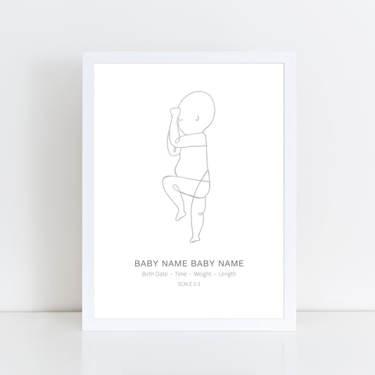 Grey Watercolour Outline Newborn Line Drawing Birth Print Poster