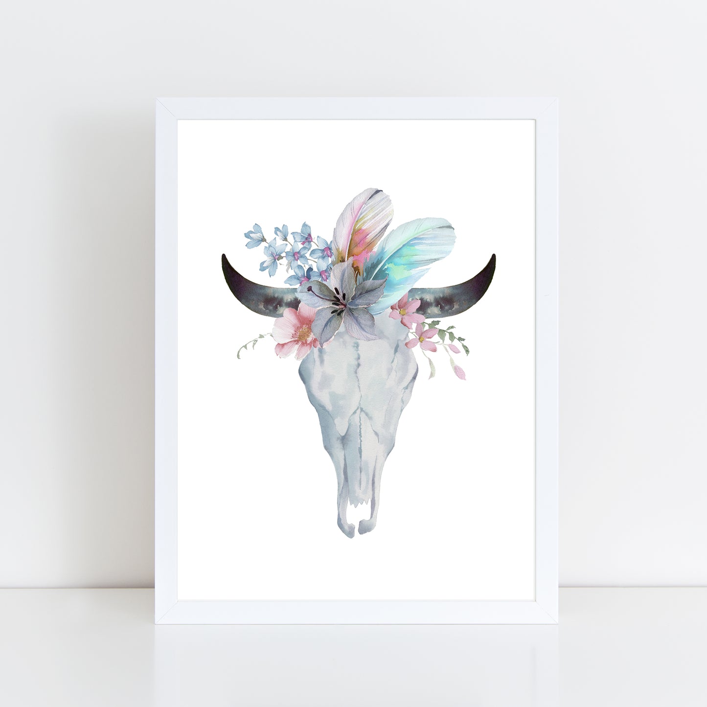 Cow Skull Blue Floral - Wall Art Print