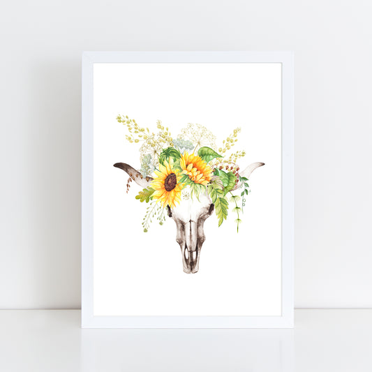 Cow Skull Sunflower - Wall Art Print
