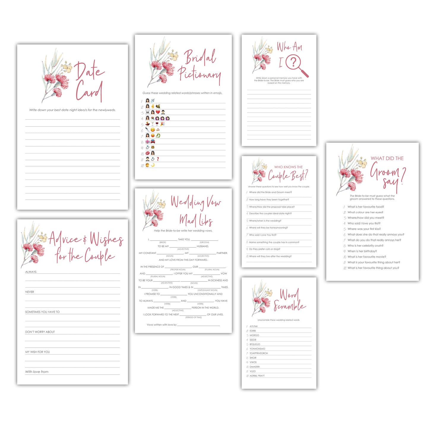 Australian Flora Hen's Party/Bridal Shower Game Bundle - DIGITAL DOWNLOAD