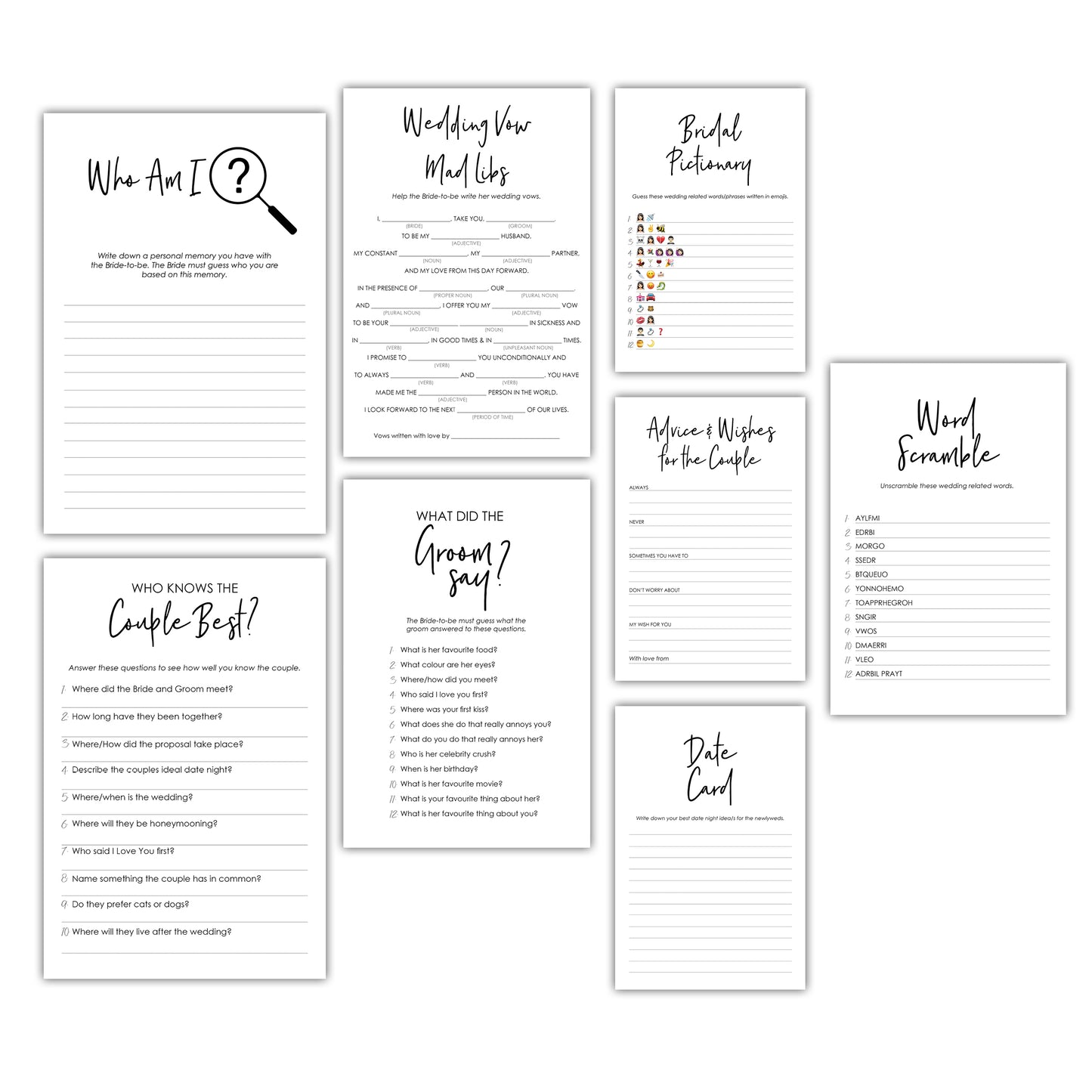 Classic Black Hen's Party/Bridal Shower Game Bundle - DIGITAL DOWNLOAD