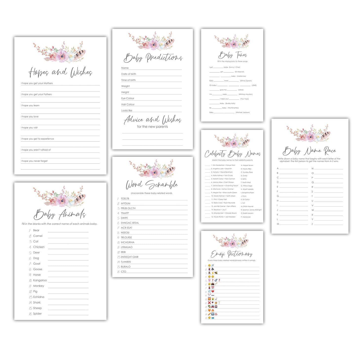 Boho Floral Baby Shower Game Bundle - DIGITAL DOWNLOAD