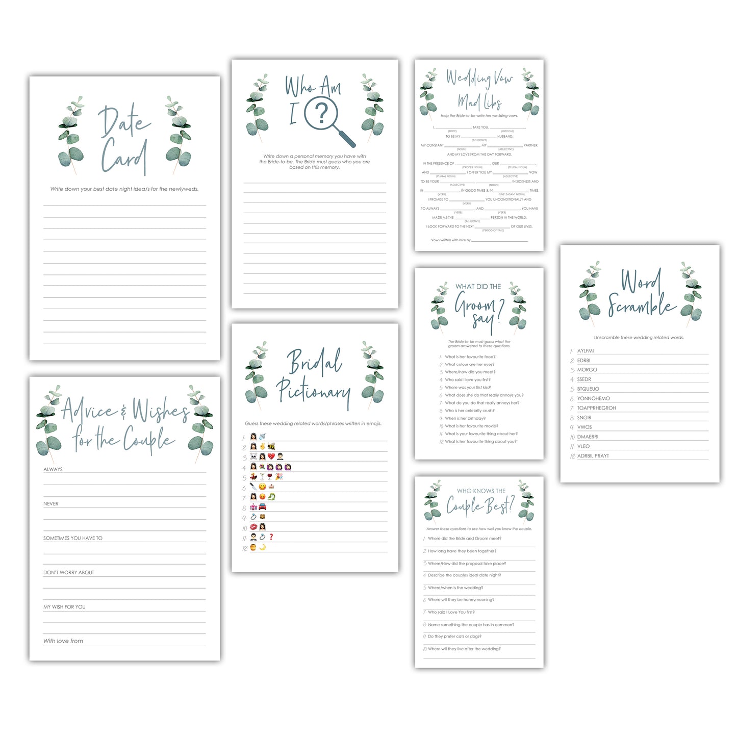 Eucalyptus Hen's Party/Bridal Shower Game Bundle - DIGITAL DOWNLOAD